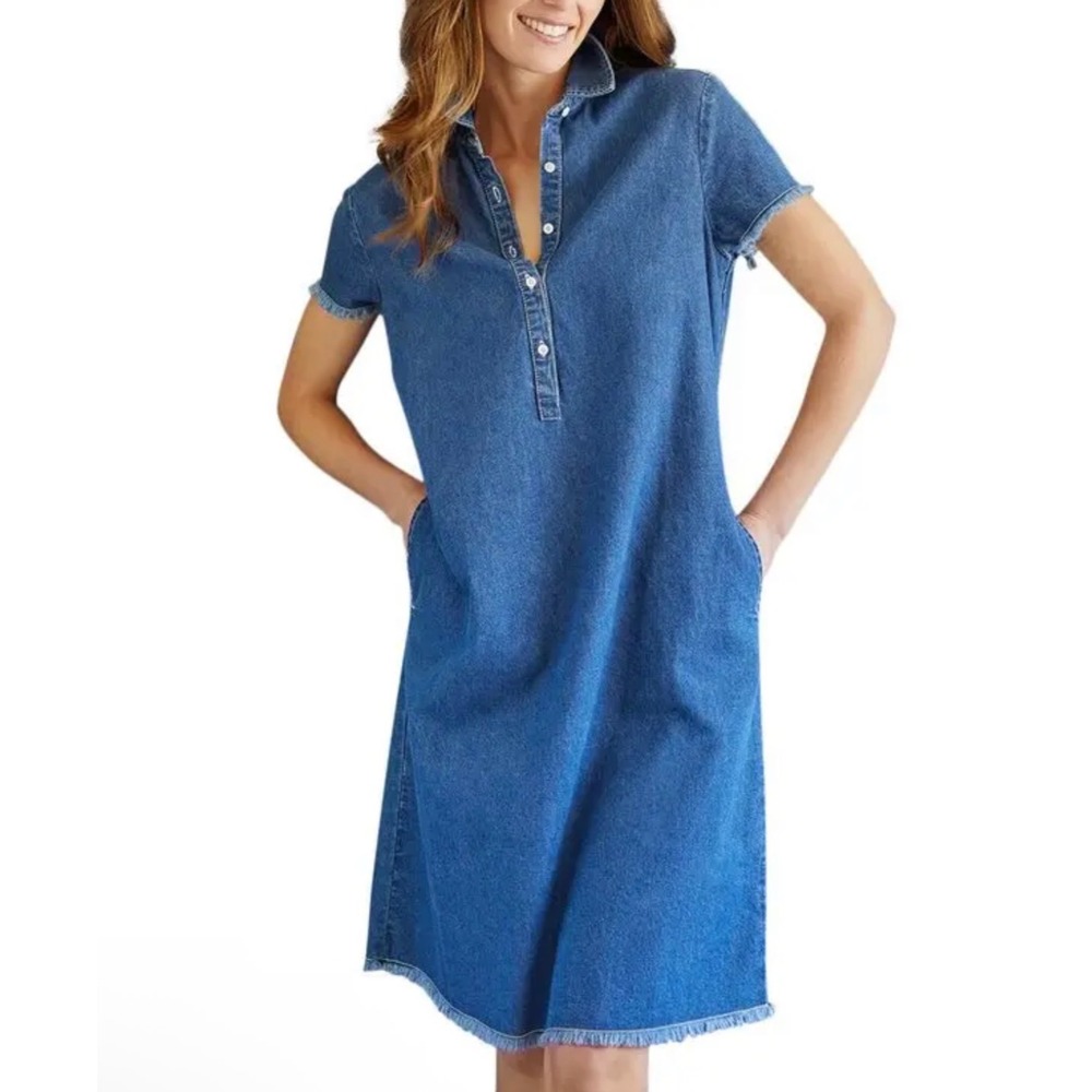 J.McLaughlin Jones Denim Shift Dress Blue Cotton Frayed Hem Short Sleeve Small
